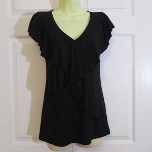 V-Neck Ruffled Knit Top Cap Sleeves Crochet Rear Detail